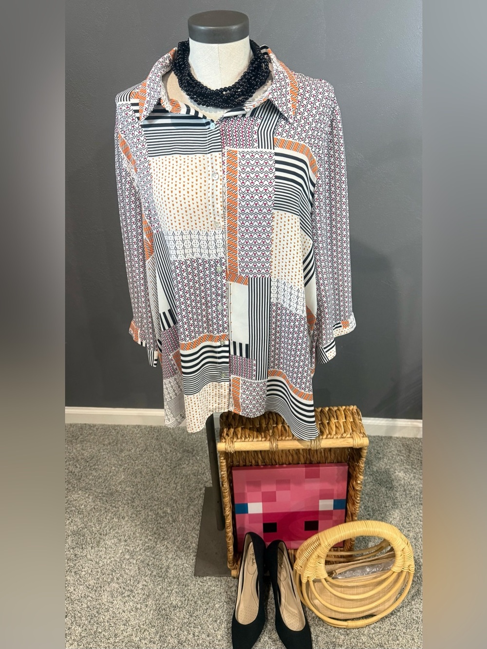 Rose & Olive Patchwork Button-Up Tunic in Orange/Black/White